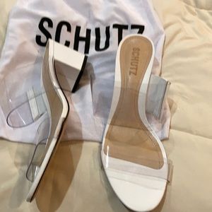 White chunk heel clear strap